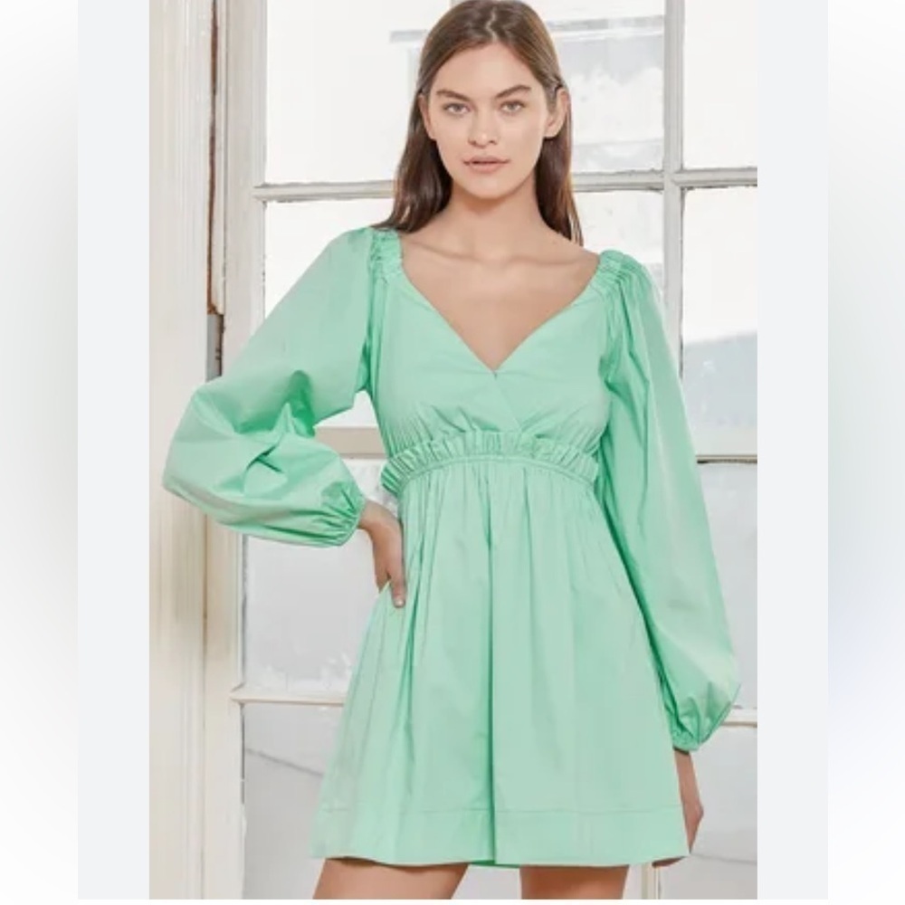 LULU’S COTTON BABY DOLL PASTEL MINT GREEN PUFF SLEEVES MINI DRESS SIZE SMALL